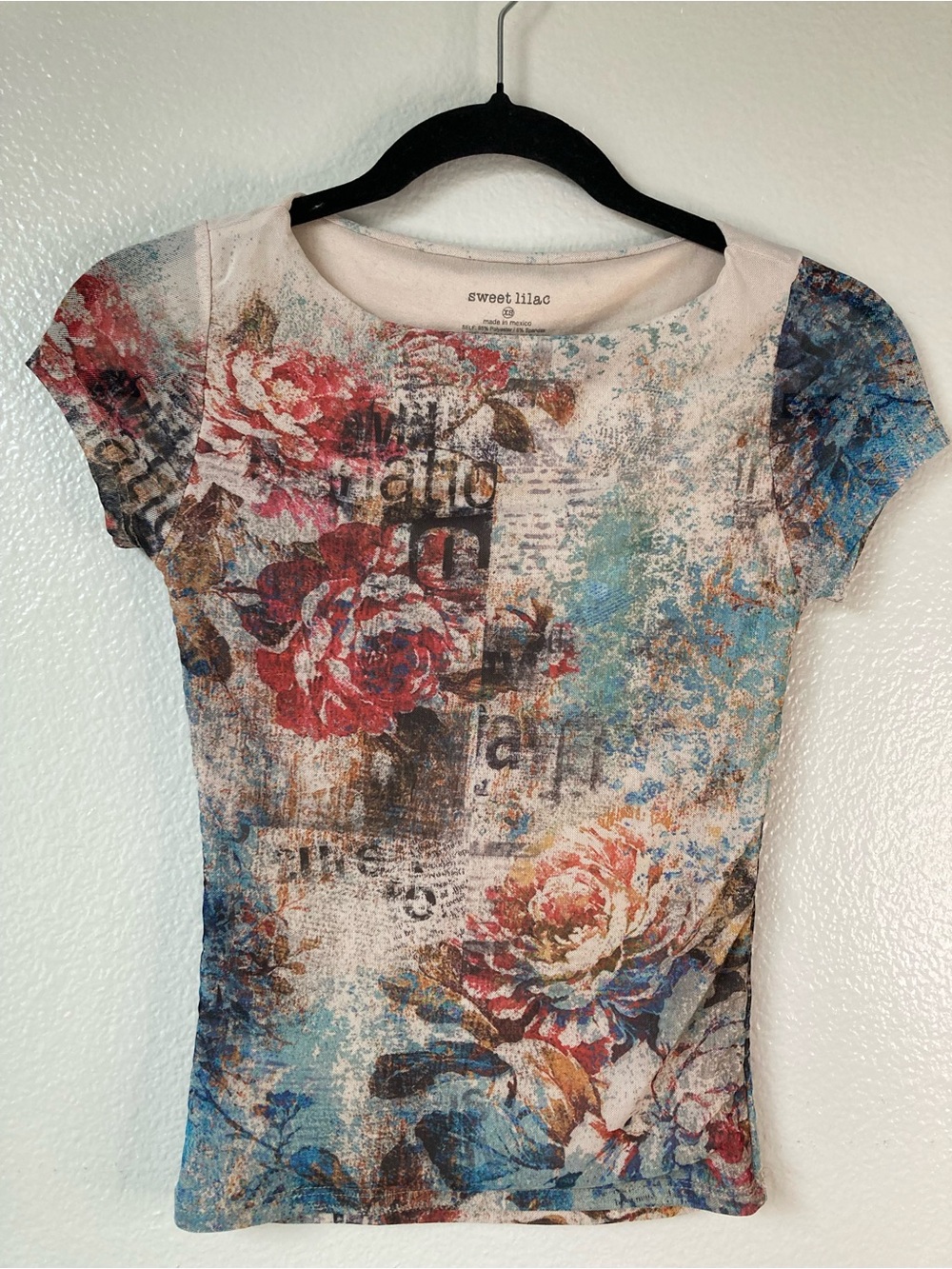 Vintage y2k 90s Sweet Lilac Mesh sheer floral tattoo style stretch top tee XS
